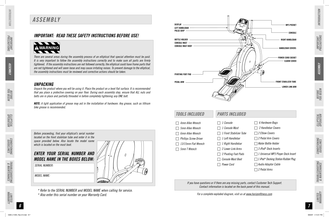 Horizon Fitness E900, E1200 manual S E M B Ly, Unpacking, Tools Included, Parts Included 