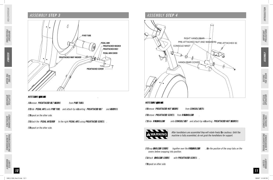 Horizon Fitness E900, E1200 manual PRE-ATTACHED Screw 