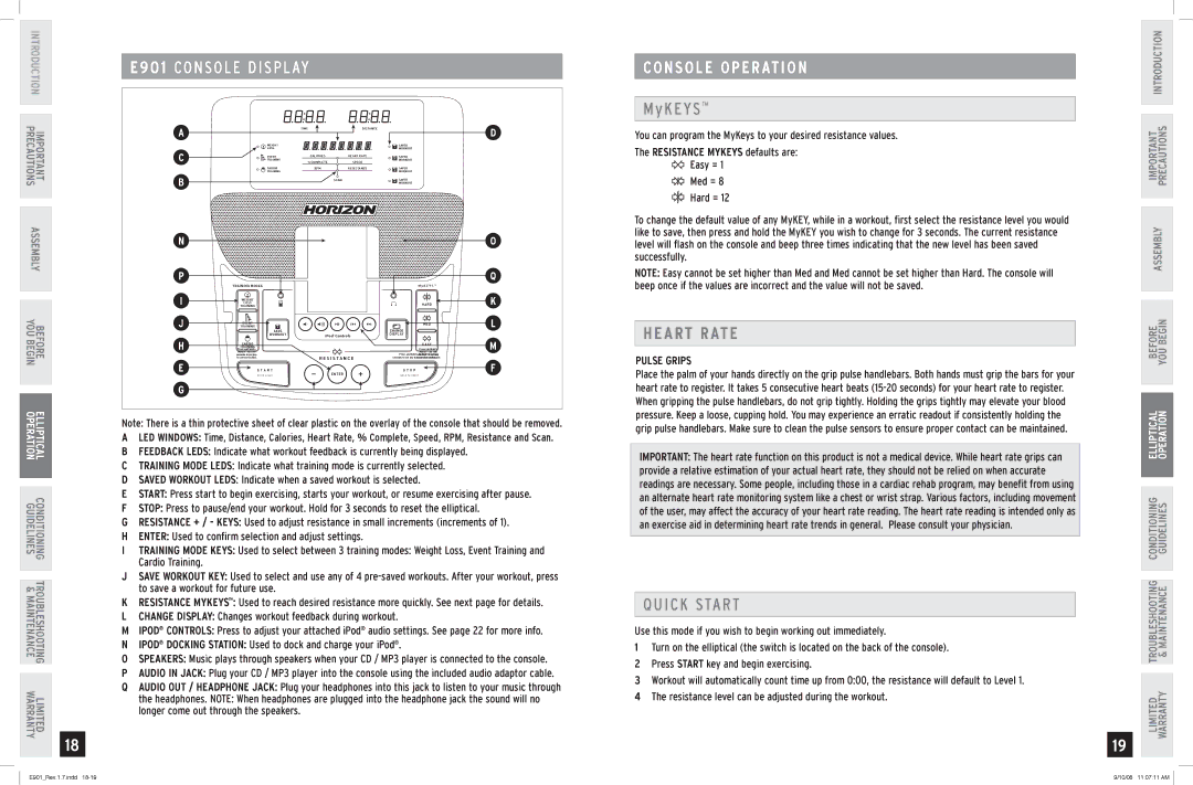 Horizon Fitness E901 manual Console Operation, Heart Rate, Resistance MyKeys defaults are, Pulse Grips 