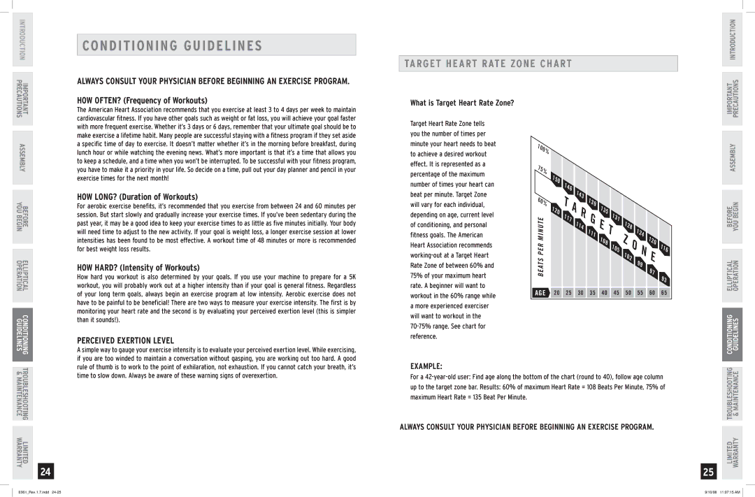 Horizon Fitness E901 manual CO N Ditio Ning Guidelines, Target Heart Rate Zone Chart 