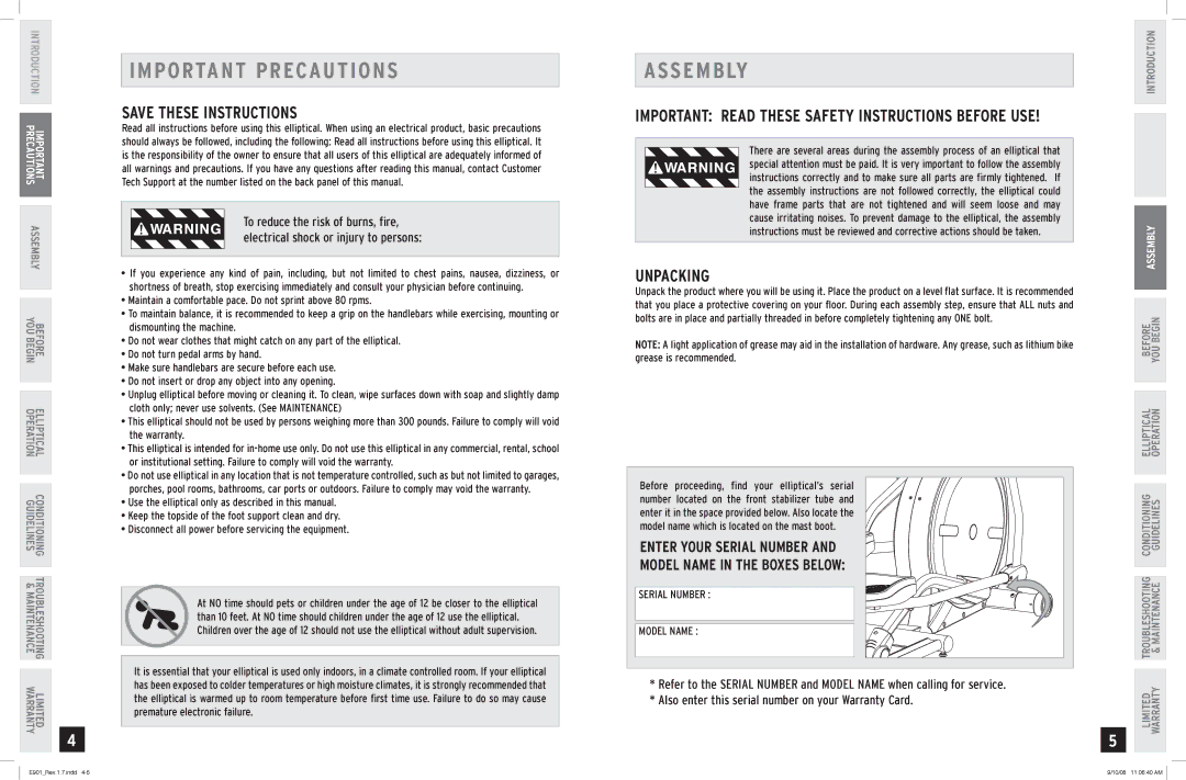 Horizon Fitness E901 manual MP Ortant Precautions, Assembly 