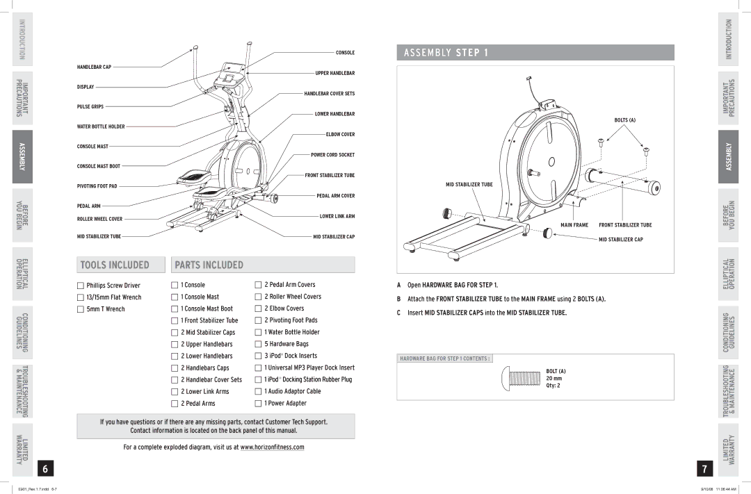 Horizon Fitness E901 manual S E M B LY Step, Parts Included 