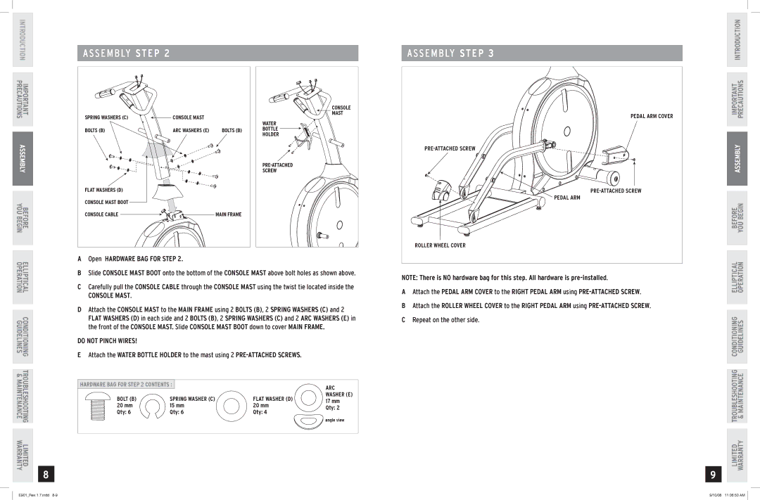 Horizon Fitness E901 manual Open Hardware BAG for Step, Console Mast, Do not Pinch Wires 