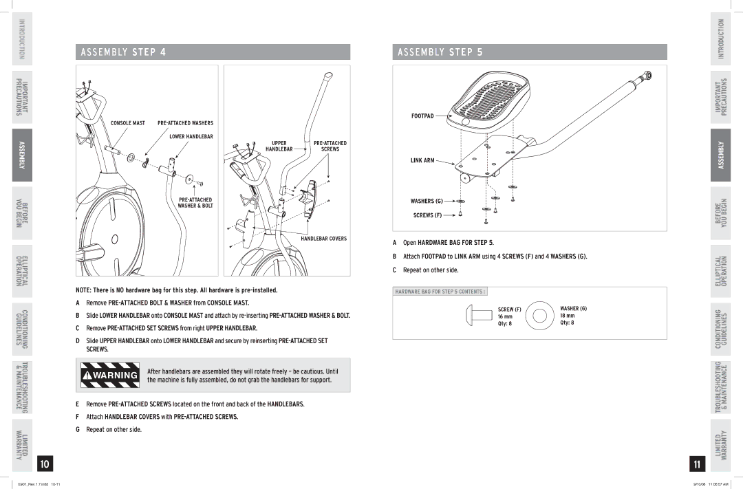 Horizon Fitness E901 manual S E M B LY Step, Remove PRE-ATTACHED Bolt & Washer from Console Mast 