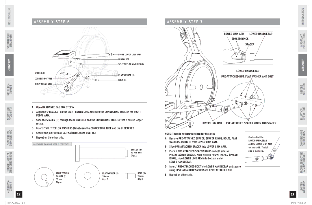 Horizon Fitness E901 manual Slide PRE-ATTACHED Spacer into Lower Link ARM, Lower Handlebar 