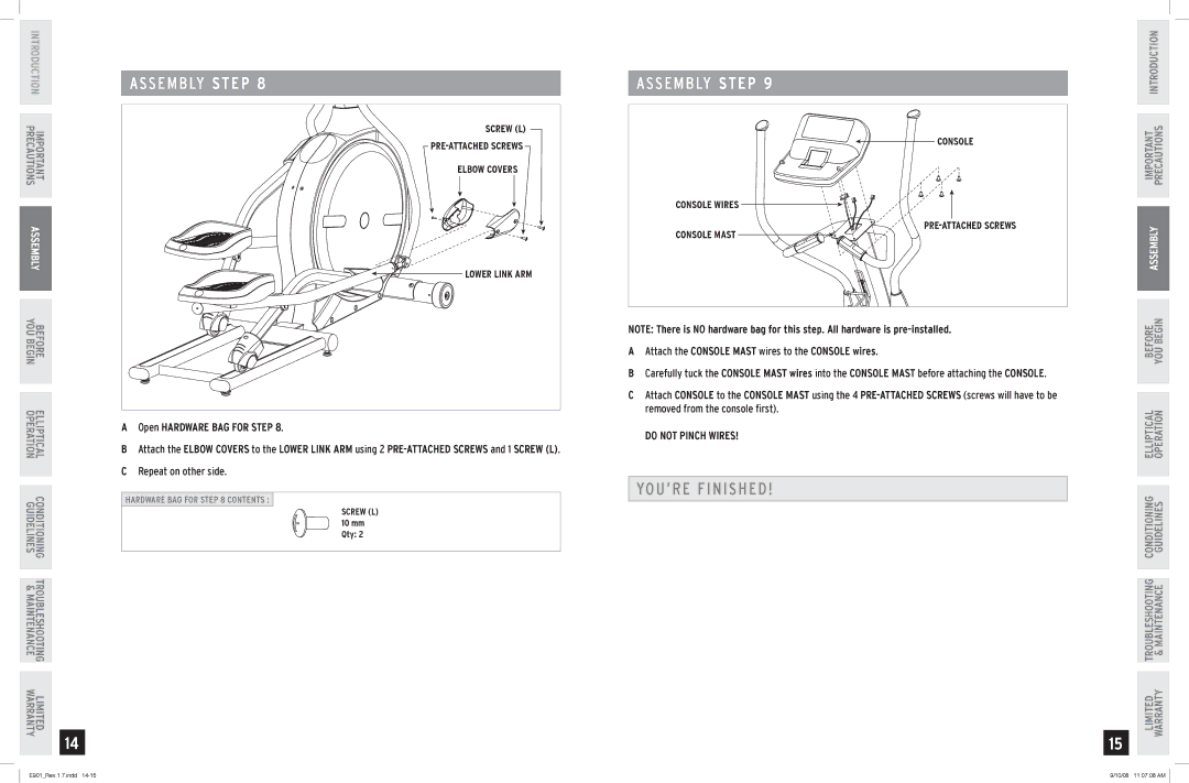 Horizon Fitness E901 manual YOU’RE Finished, Attach the Console Mast wires to the Console wires 