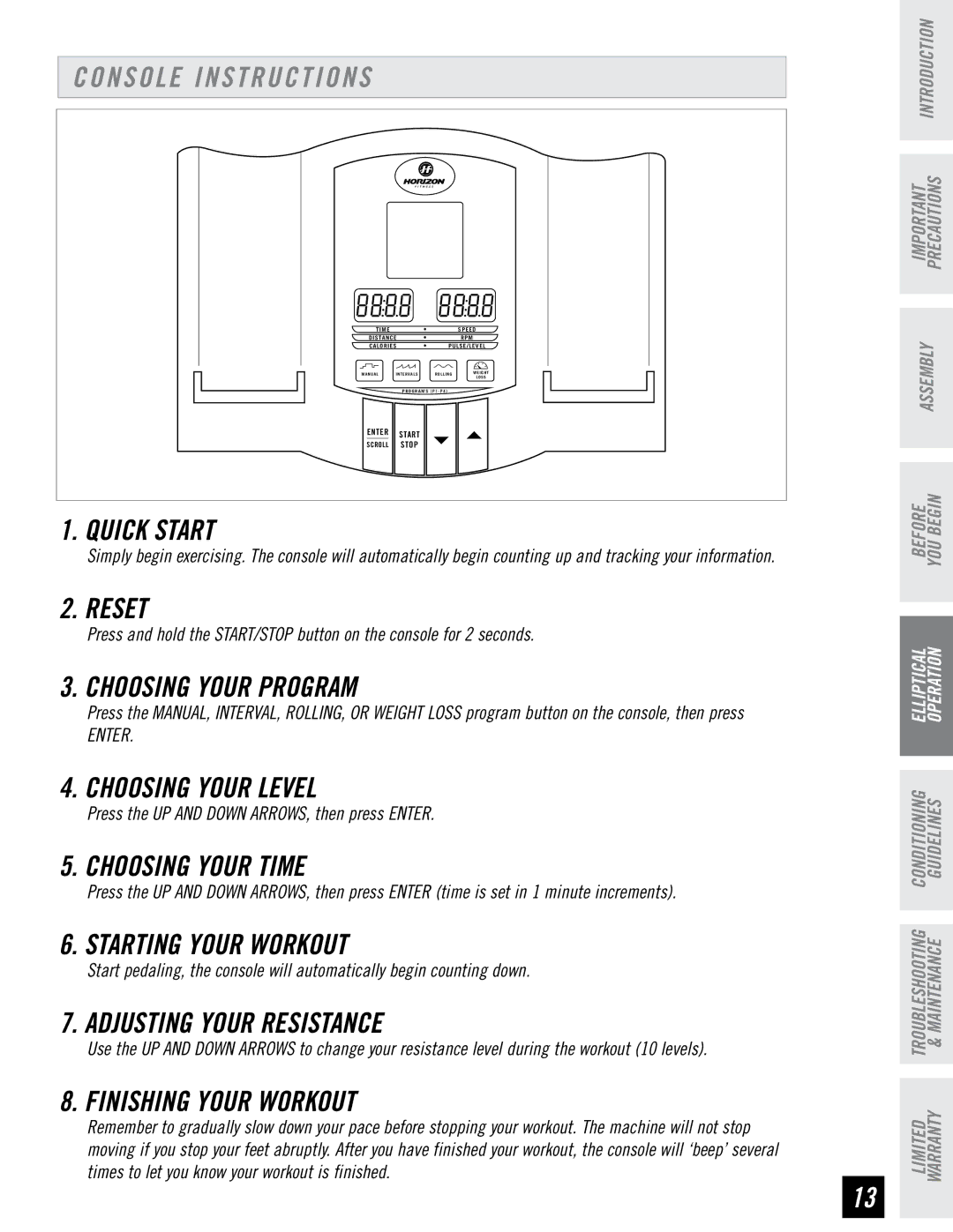 Horizon Fitness E95 manual Console Instructions 