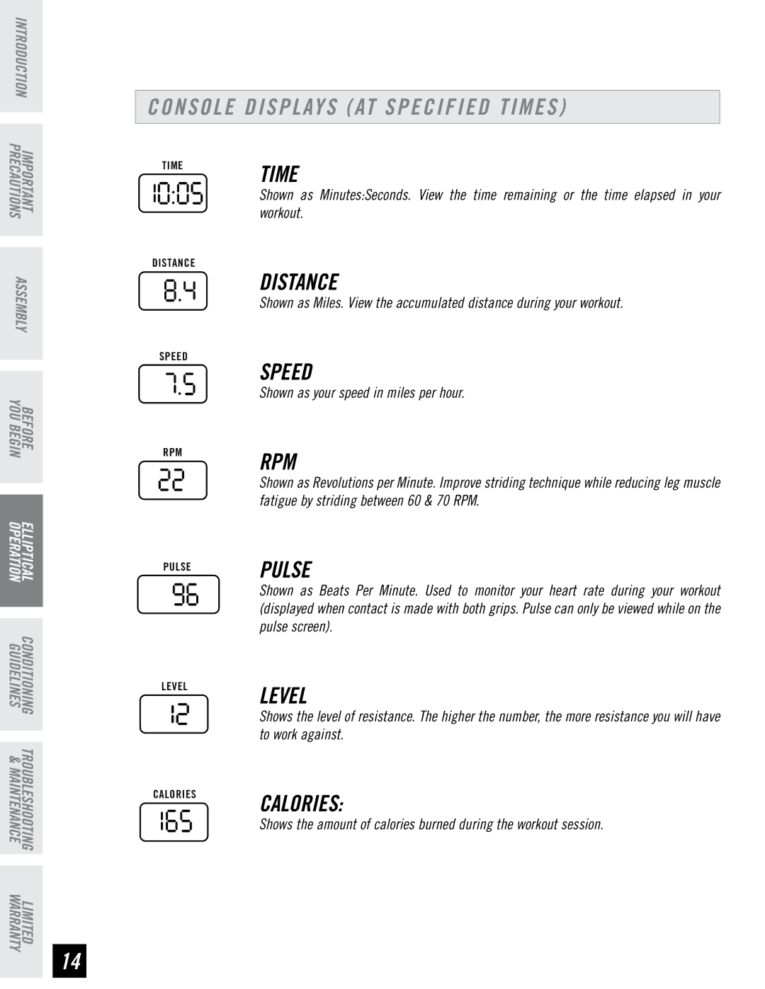 Horizon Fitness E95 manual Distance, Speed 