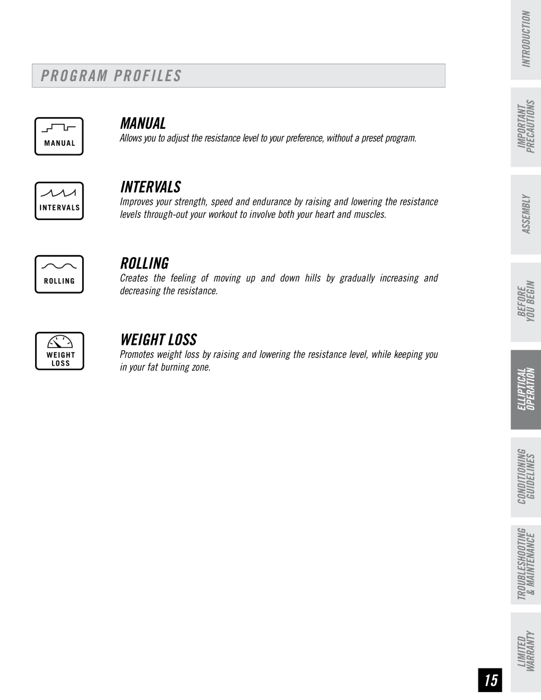 Horizon Fitness E95 manual Program Profiles, Manual, Intervals, Rolling, Weight Loss 