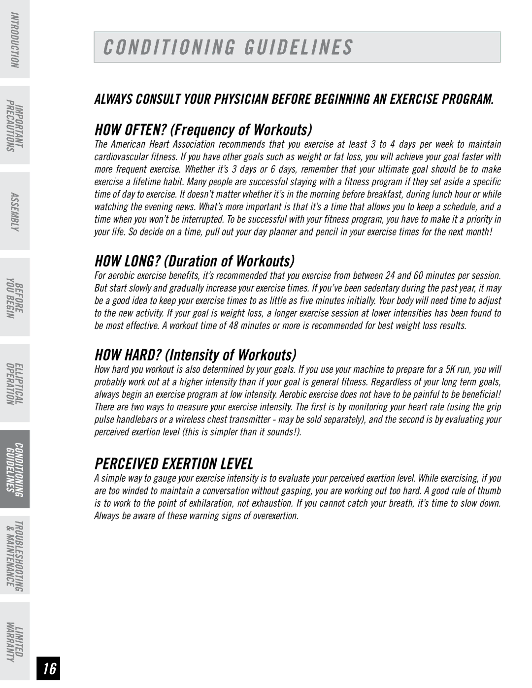 Horizon Fitness E95 manual Conditioning Guidelines, Perceived Exertion Level 