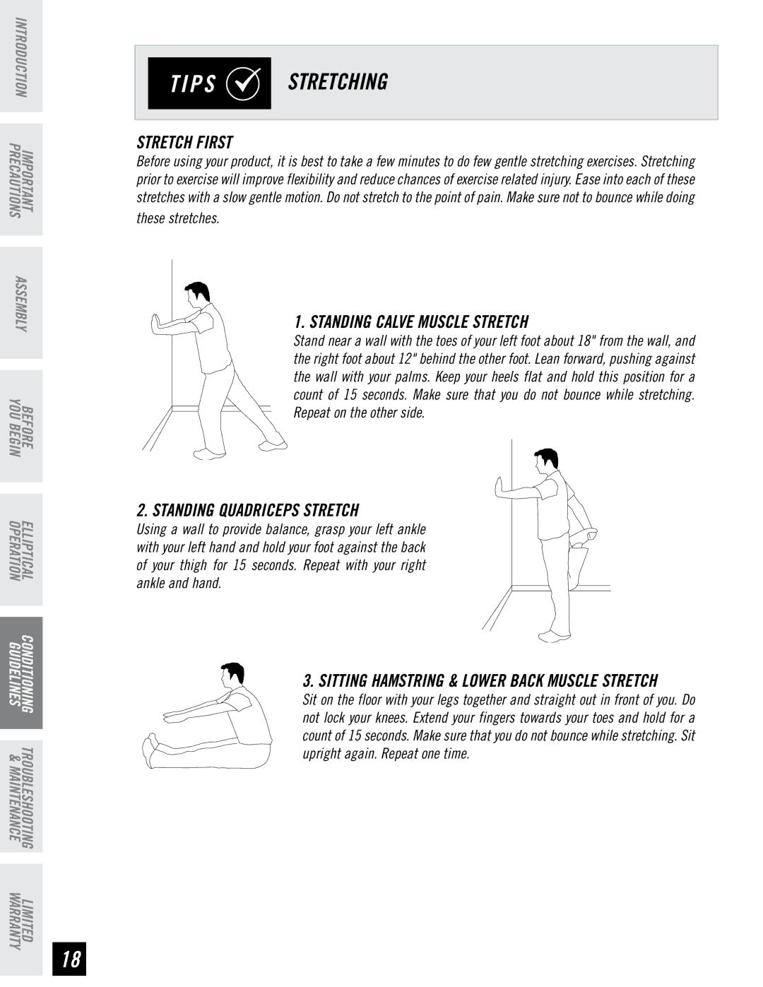 Horizon Fitness E95 manual Stretch First, Standing Calve Muscle Stretch, Standing Quadriceps Stretch 