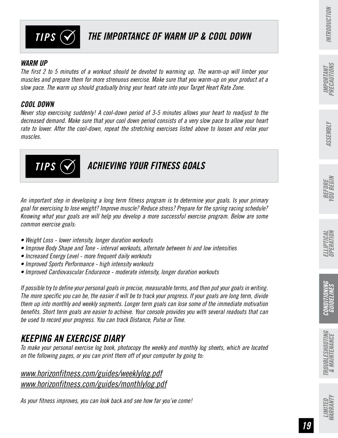 Horizon Fitness E95 manual Achieving Your Fitness Goals, Keeping AN Exercise Diary, Importance of Warm UP & Cool Down 