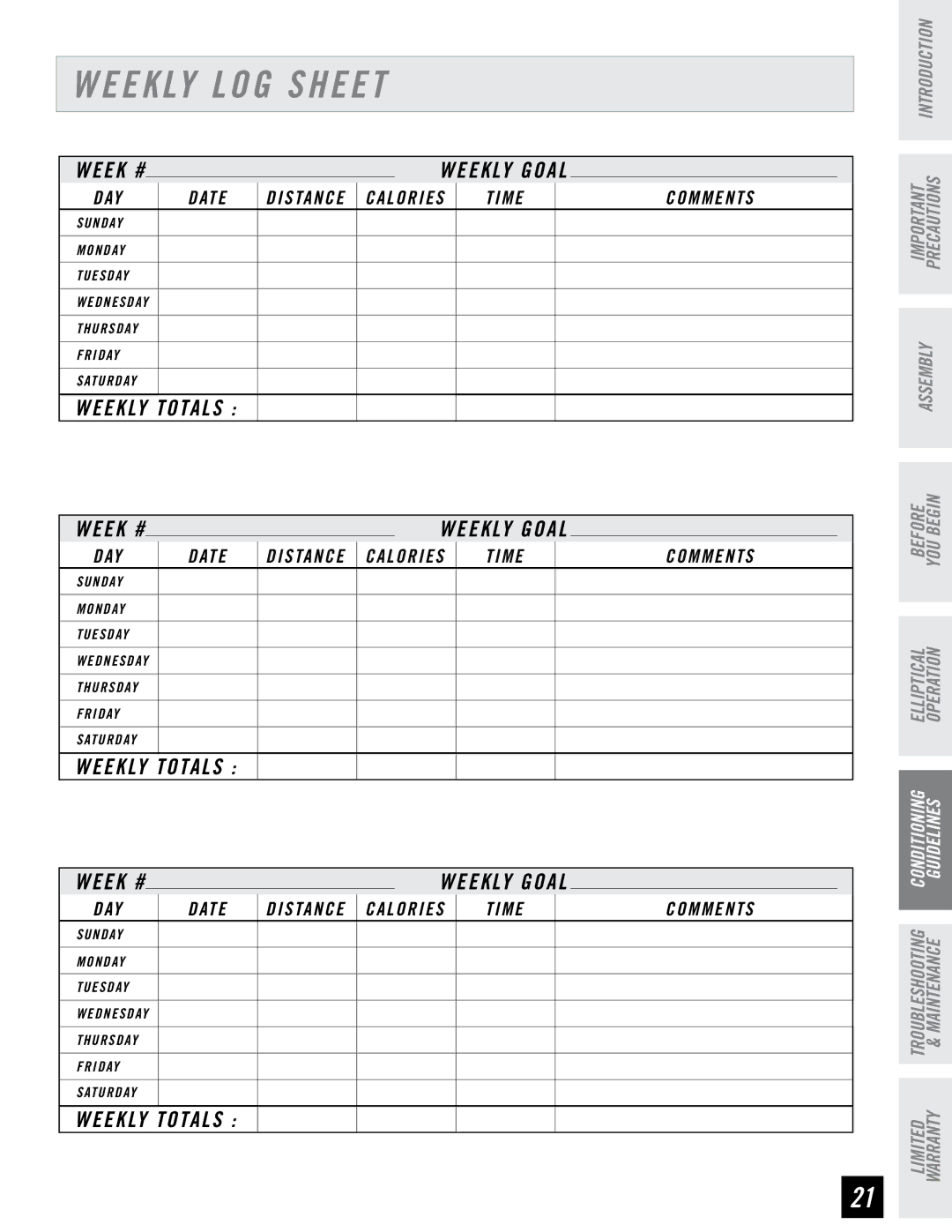 Horizon Fitness E95 manual Weekly LOG Sheet 