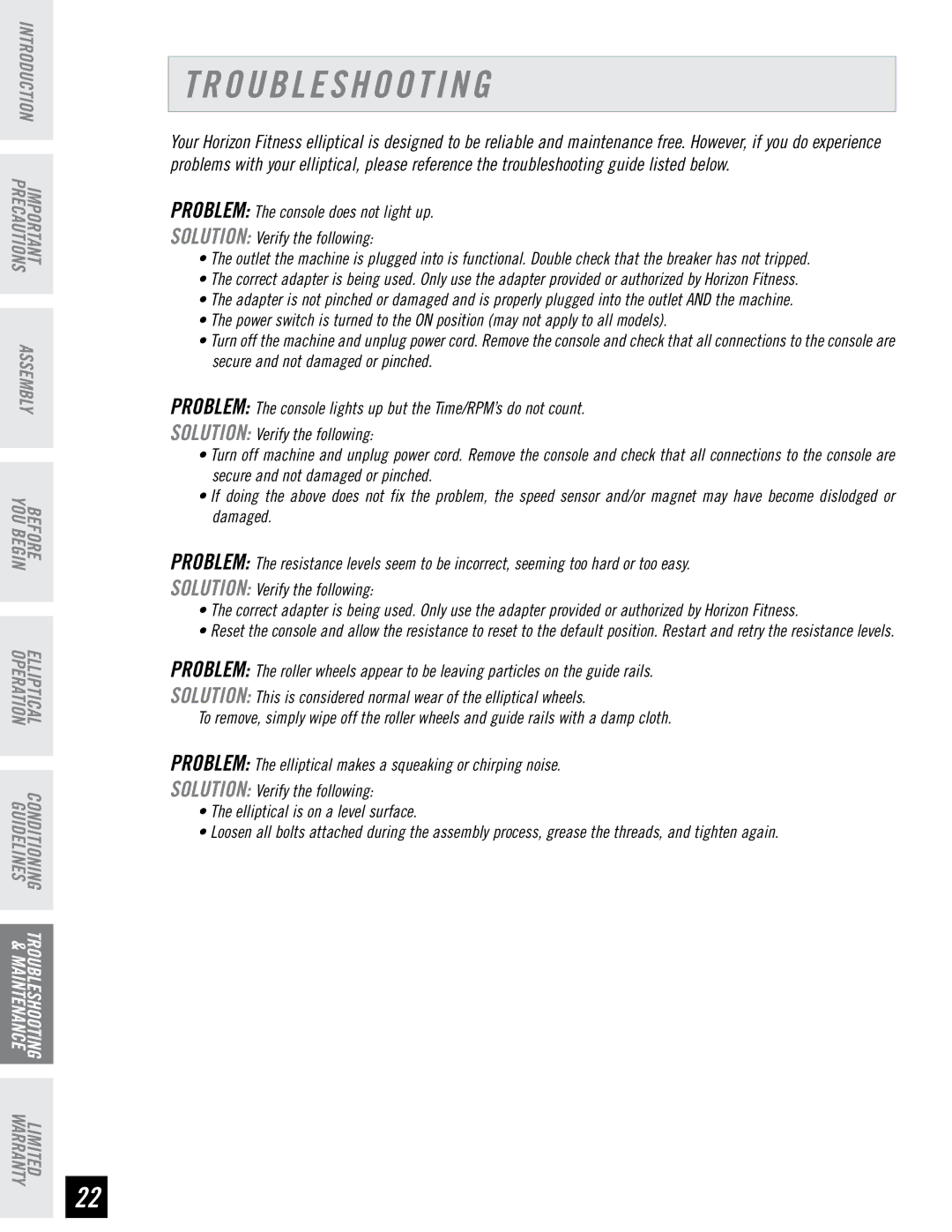 Horizon Fitness E95 manual Troubleshooting 