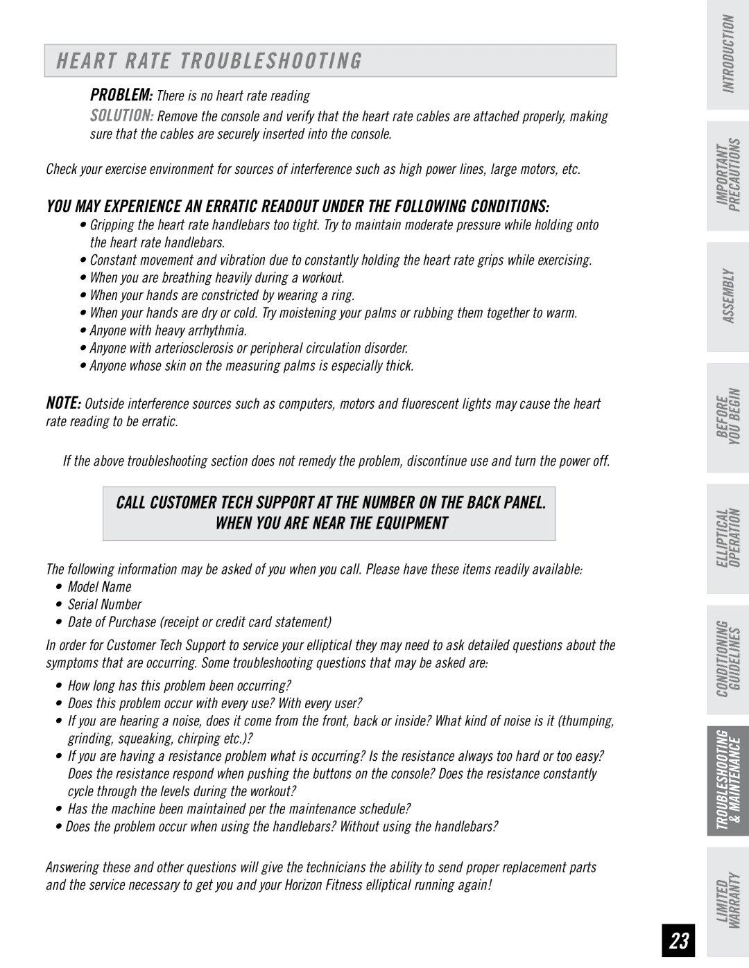 Horizon Fitness E95 manual Heart Rate Troubleshooting, When YOU are Near the Equipment 