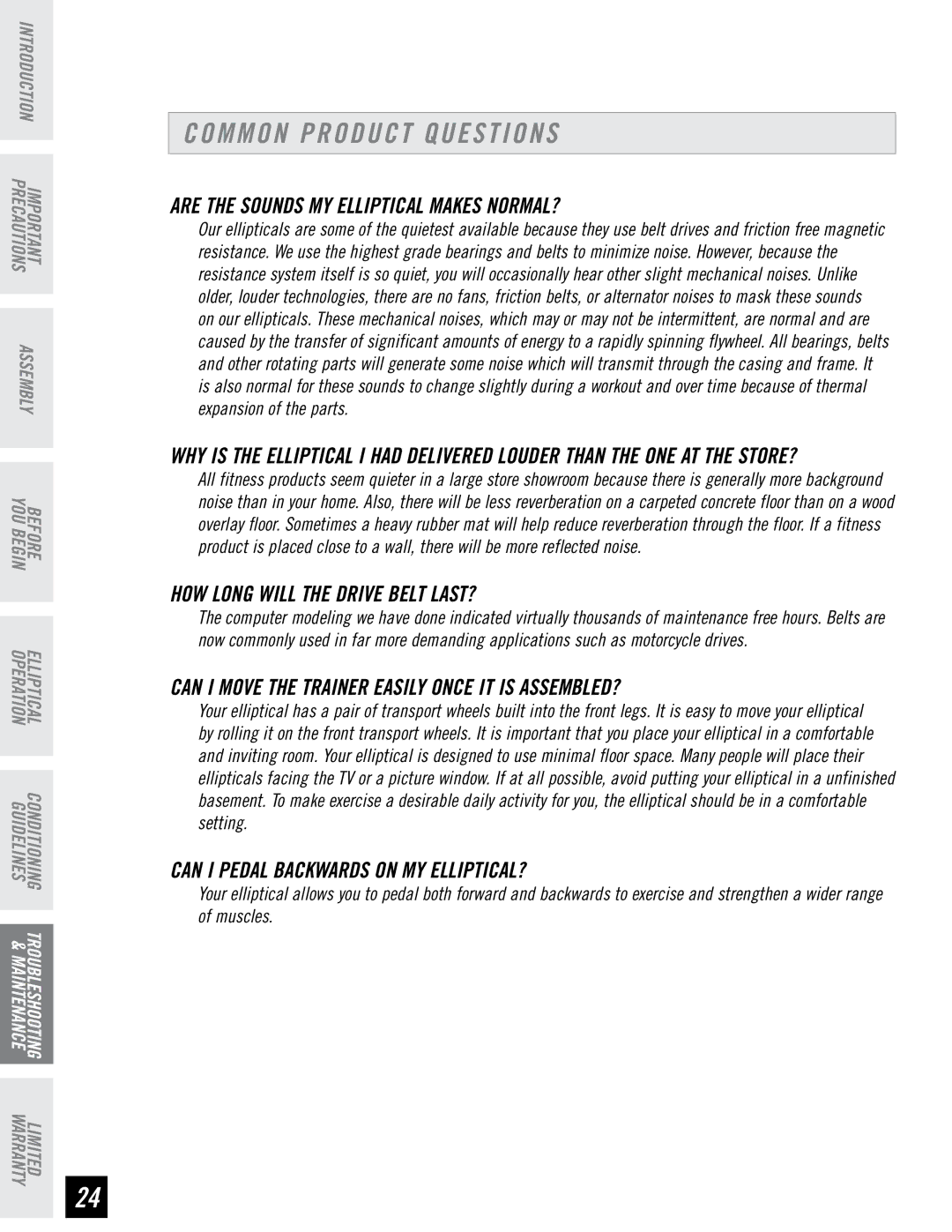 Horizon Fitness E95 manual Common Product Questions, Are the Sounds MY Elliptical Makes NORMAL? 