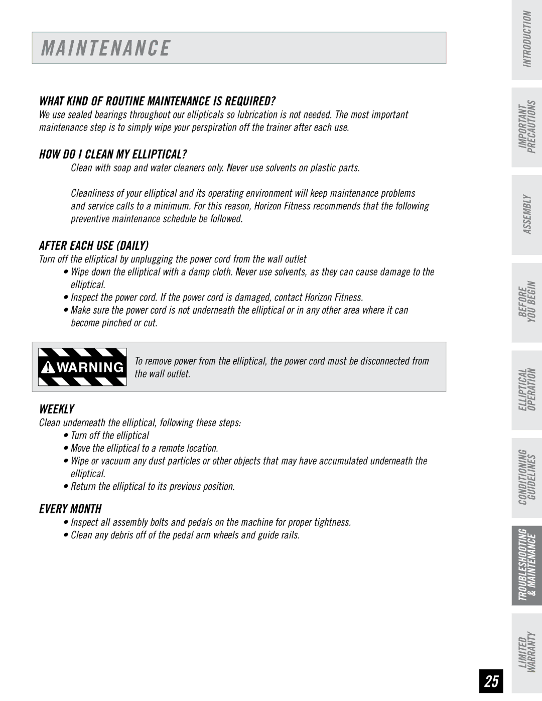 Horizon Fitness E95 manual I N T E N a N C E 