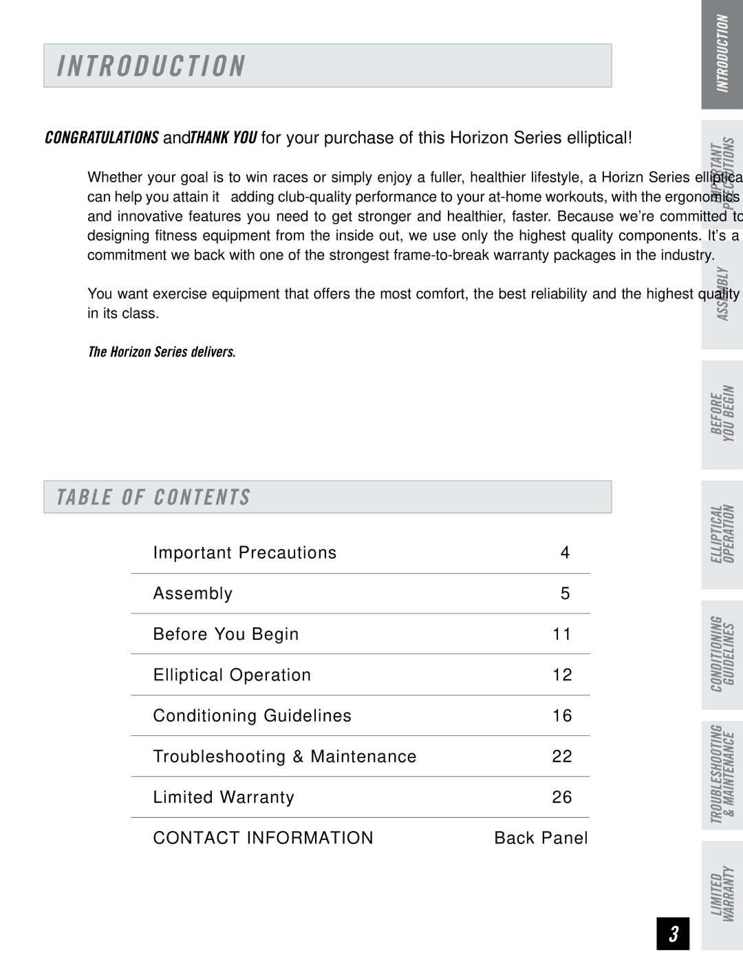 Horizon Fitness E95 manual T R O D U C T I O N, Table of Contents 