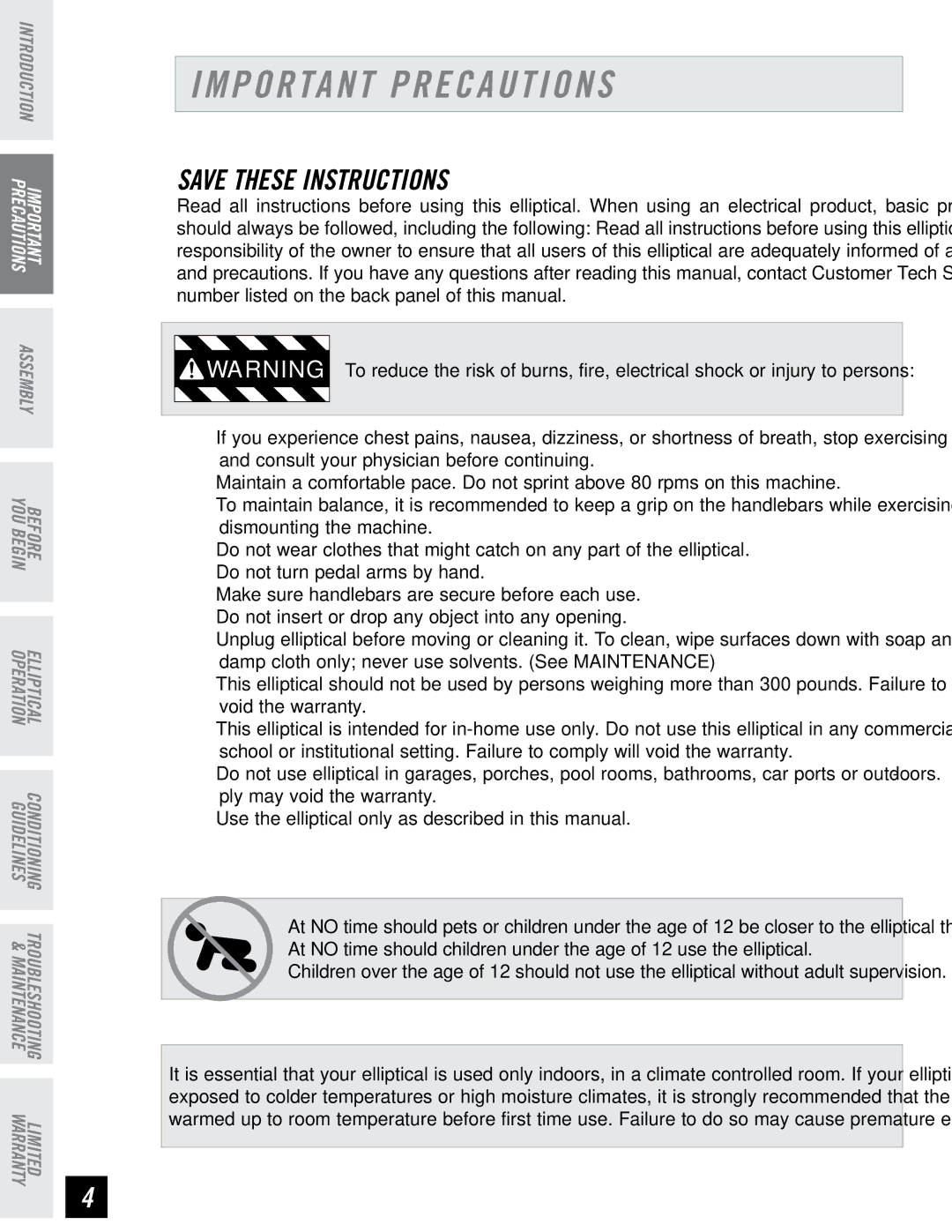 Horizon Fitness E95 manual Important Precautions 