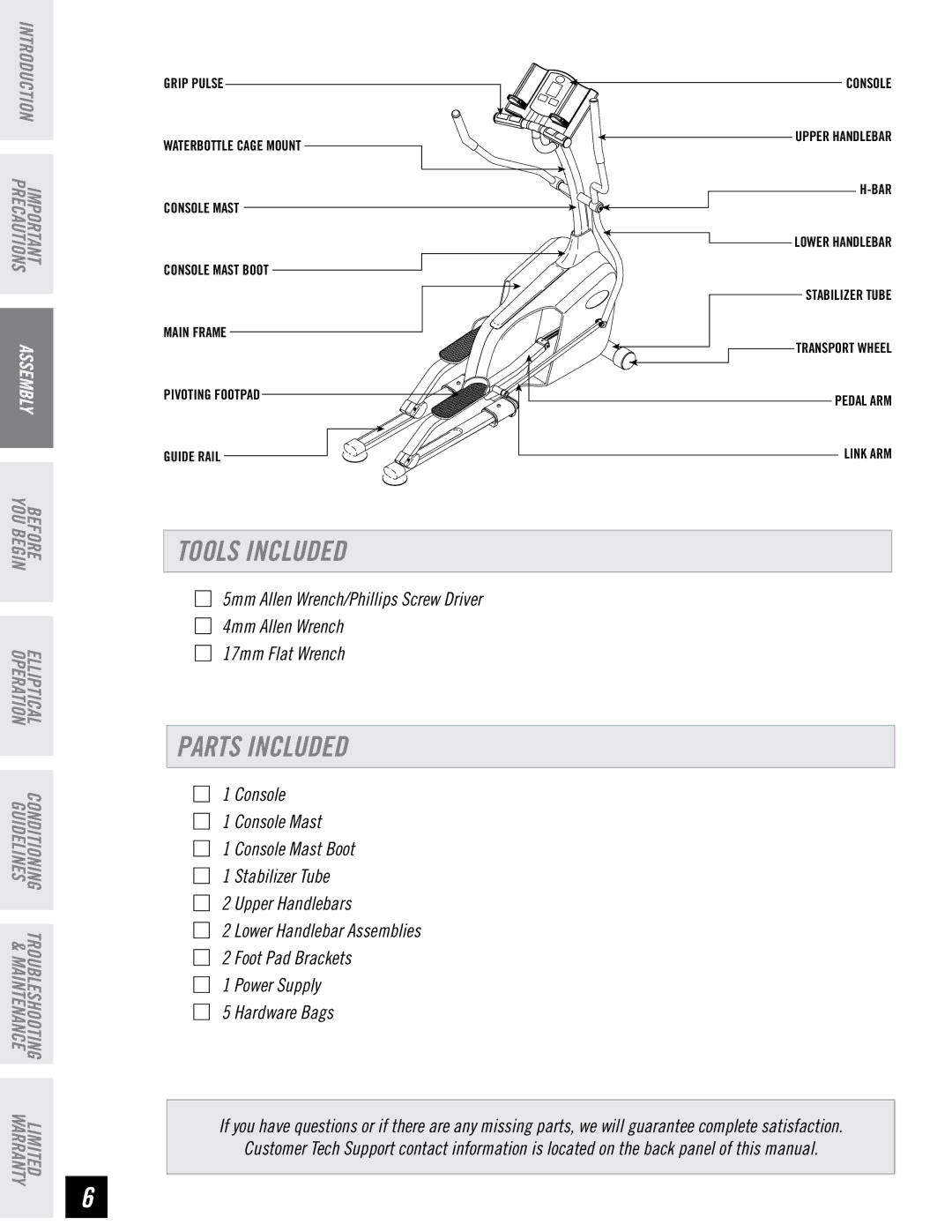 Horizon Fitness E95 manual Tools Included, Parts Included 