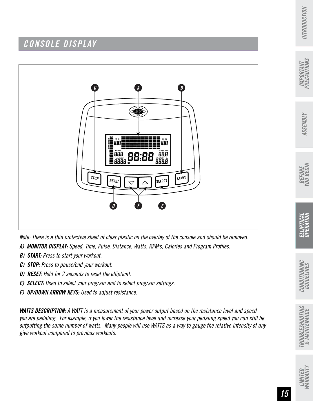 Horizon Fitness EG5 manual Console Display 