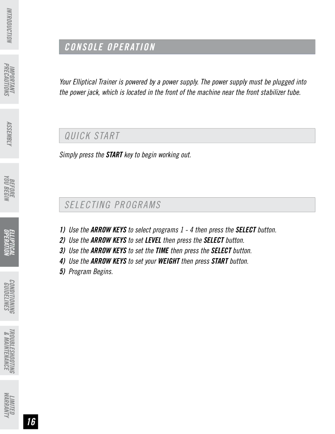 Horizon Fitness EG5 manual Quick Start, Selecting Programs 