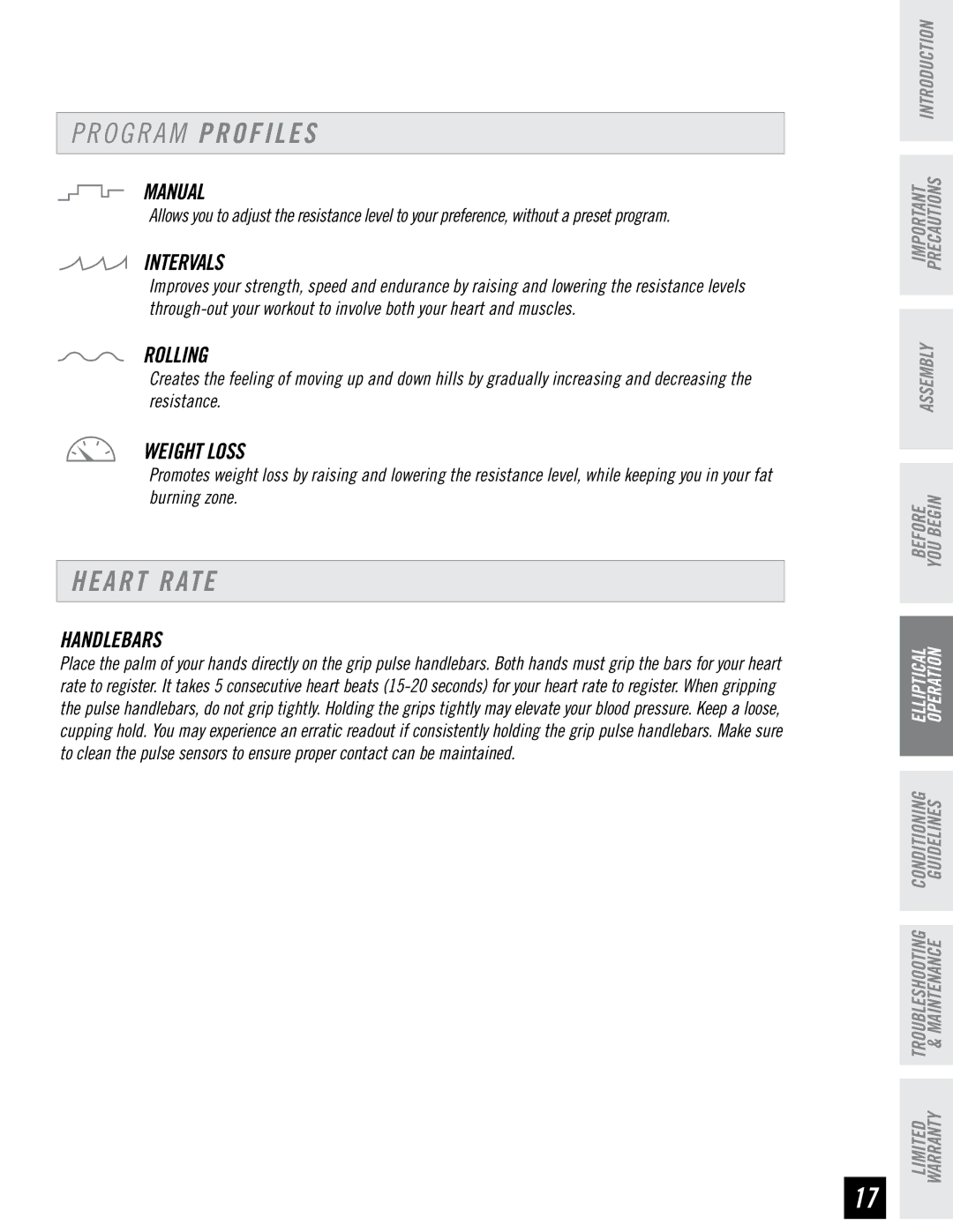 Horizon Fitness EG5 manual Heart Rate, Intervals, Rolling, Weight Loss 