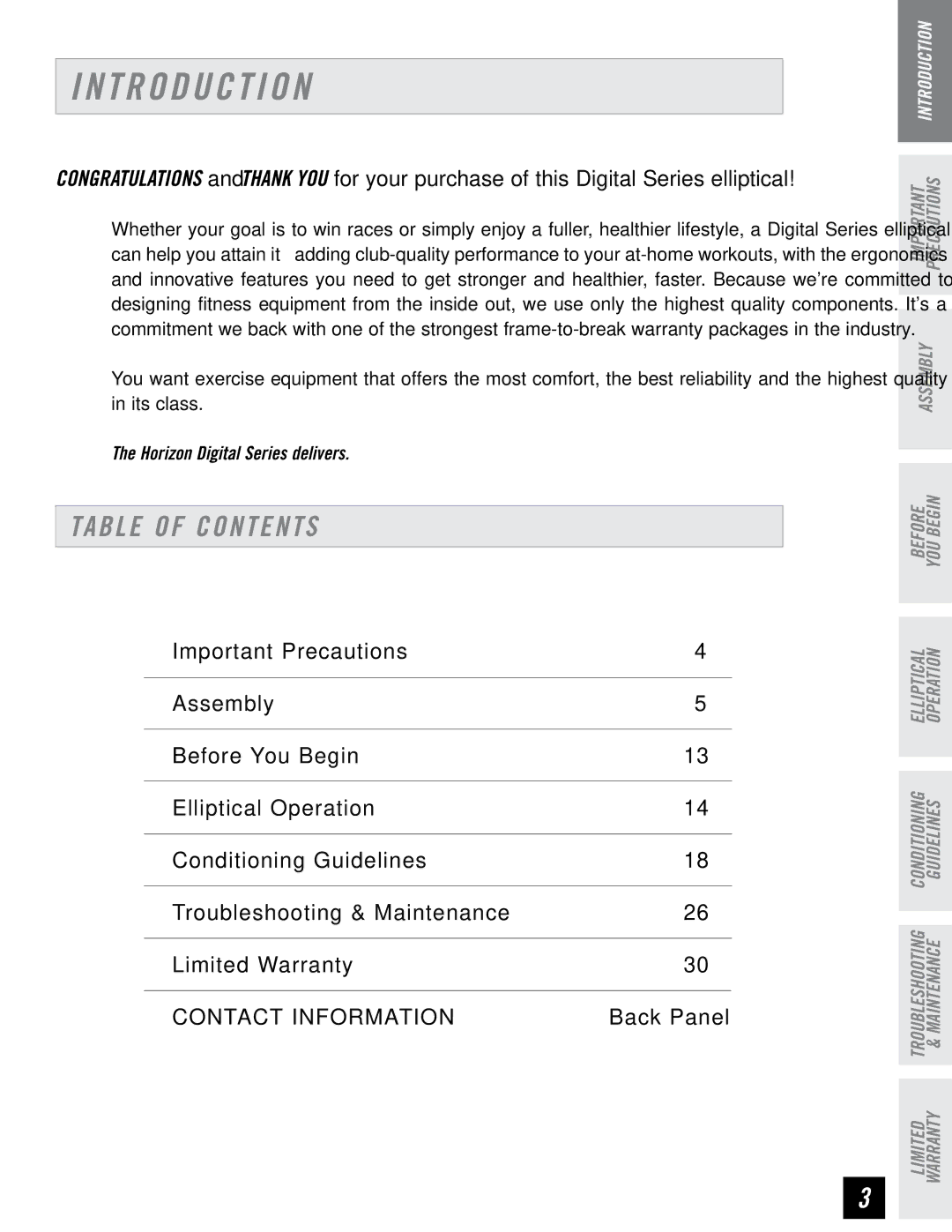 Horizon Fitness EG5 manual T R O D U C T I O N, Table of Contents 