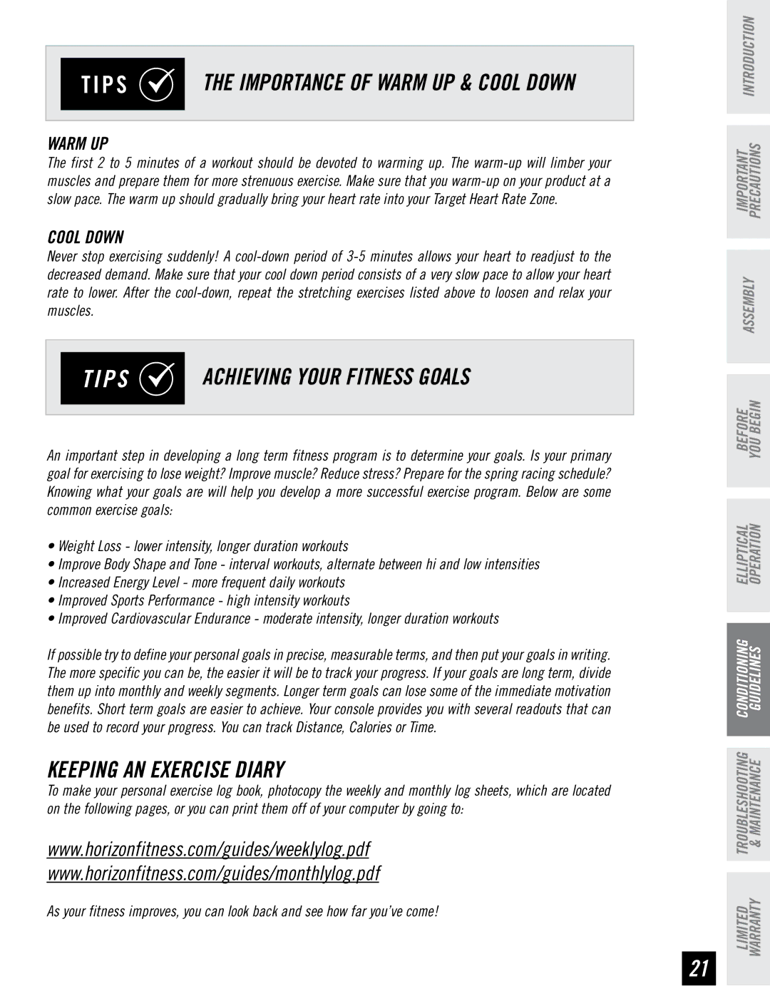 Horizon Fitness EG5 manual Achieving Your Fitness Goals, Keeping AN Exercise Diary, Importance of Warm UP & Cool Down 