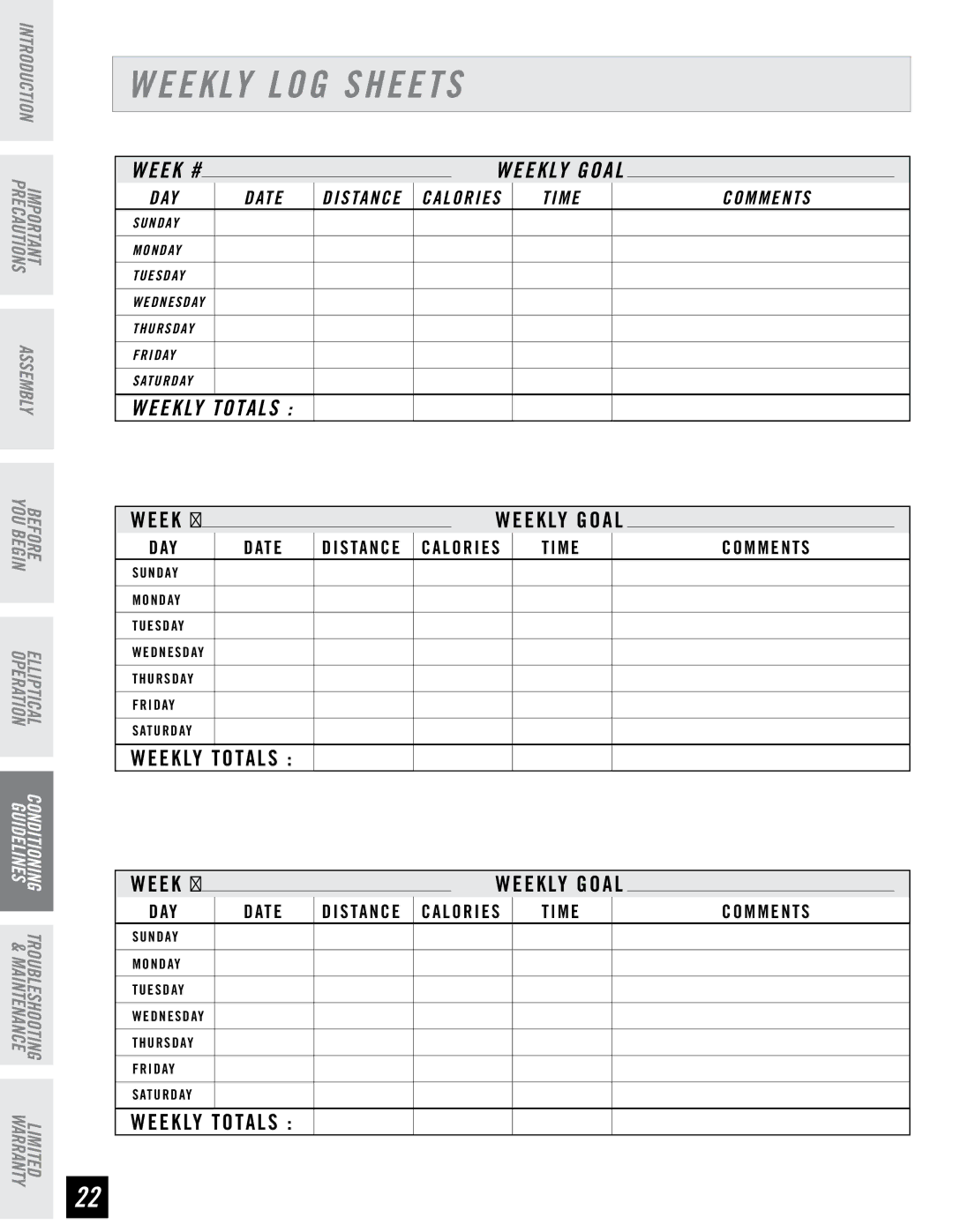 Horizon Fitness EG5 manual Weekly LOG Sheets 