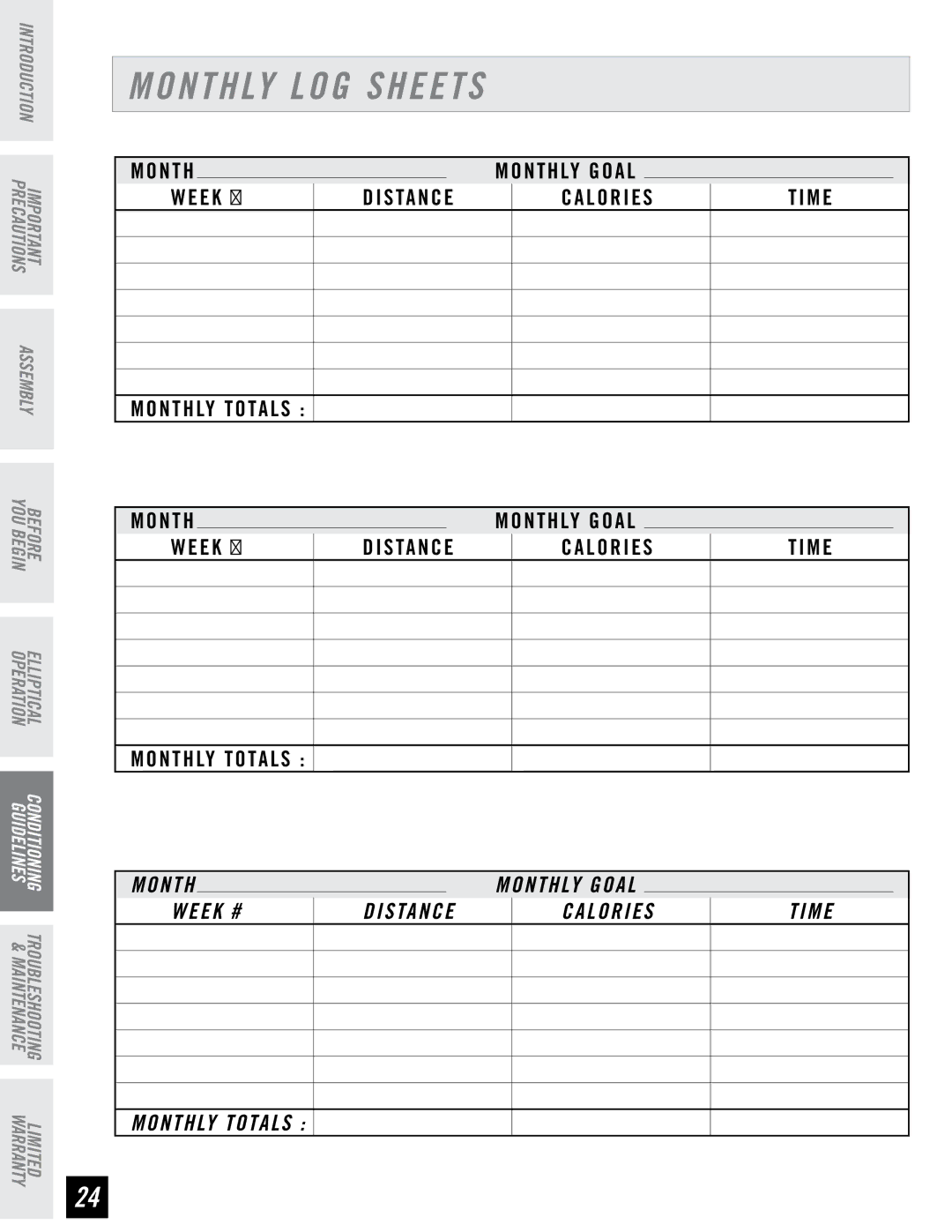 Horizon Fitness EG5 manual Monthly LOG Sheets 