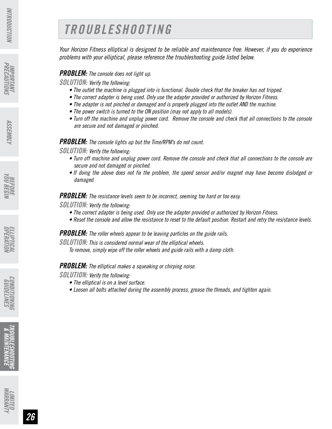 Horizon Fitness EG5 manual Troubleshooting 