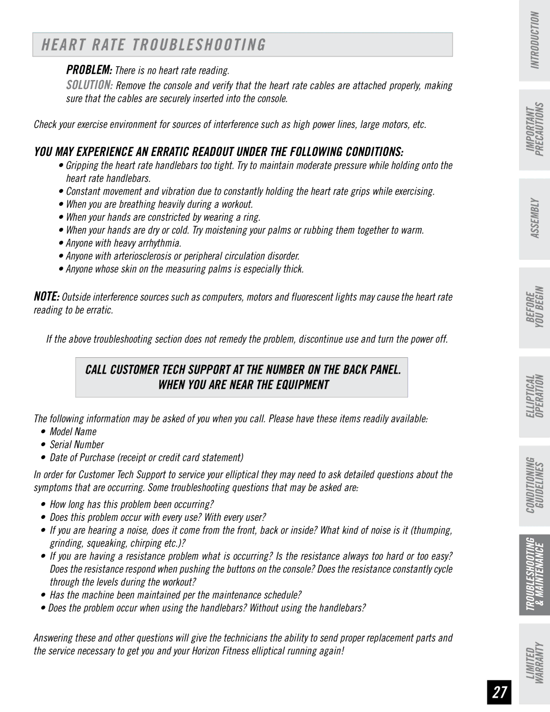 Horizon Fitness EG5 manual Heart Rate Troubleshooting, When YOU are Near the Equipment 