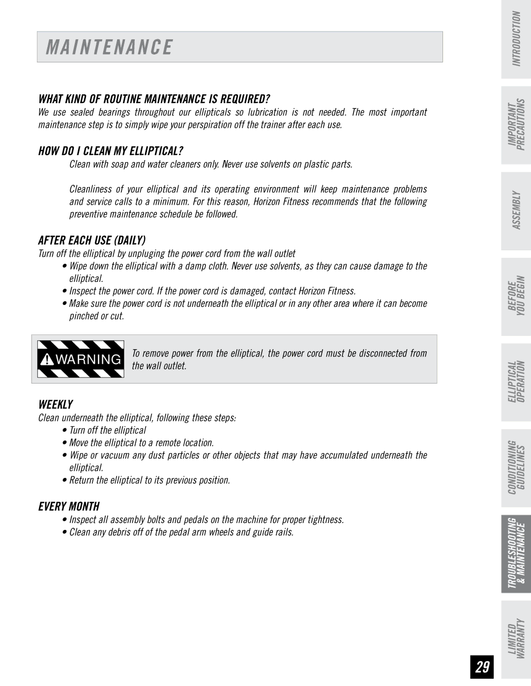 Horizon Fitness EG5 manual I N T E N a N C E 