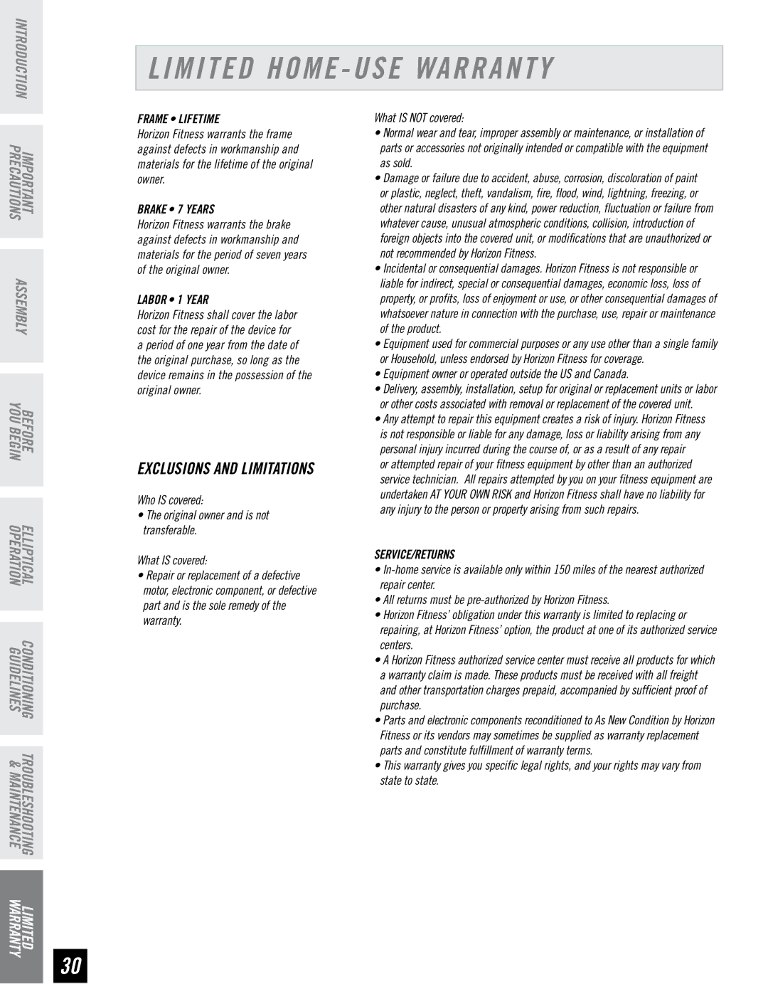 Horizon Fitness EG5 manual Limited Home USE Warranty, Frame Lifetime 