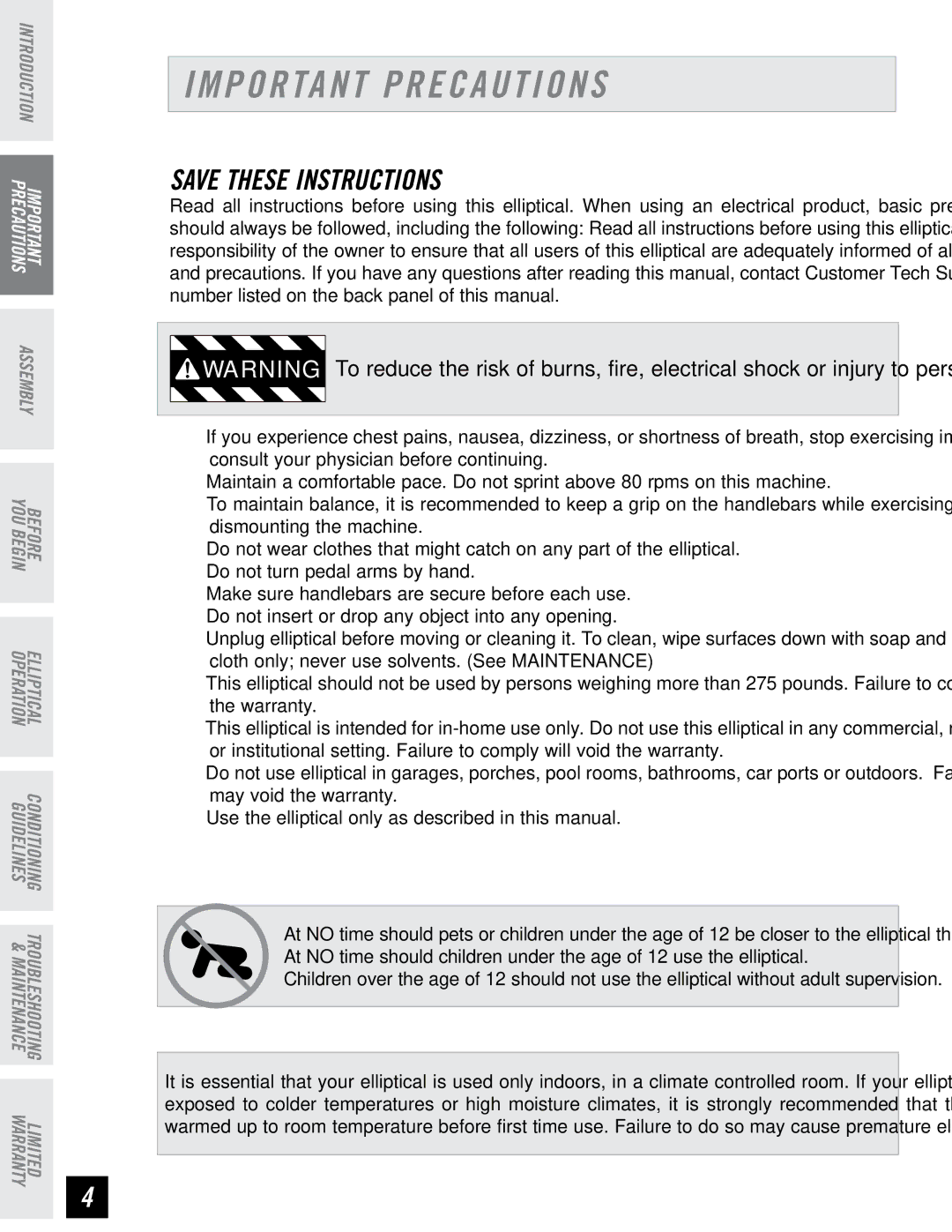 Horizon Fitness EG5 manual Important Precautions 