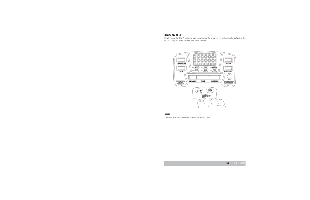 Horizon Fitness ELITE 3.0B, ELITE 2.0B manual Press and hold the Stop button to reset the upright bike 