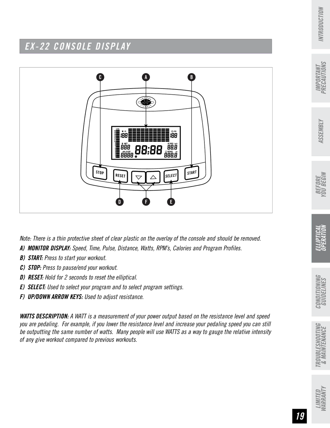 Horizon Fitness EX-33, EX-22, EX-44 manual EX 22 Console Display 