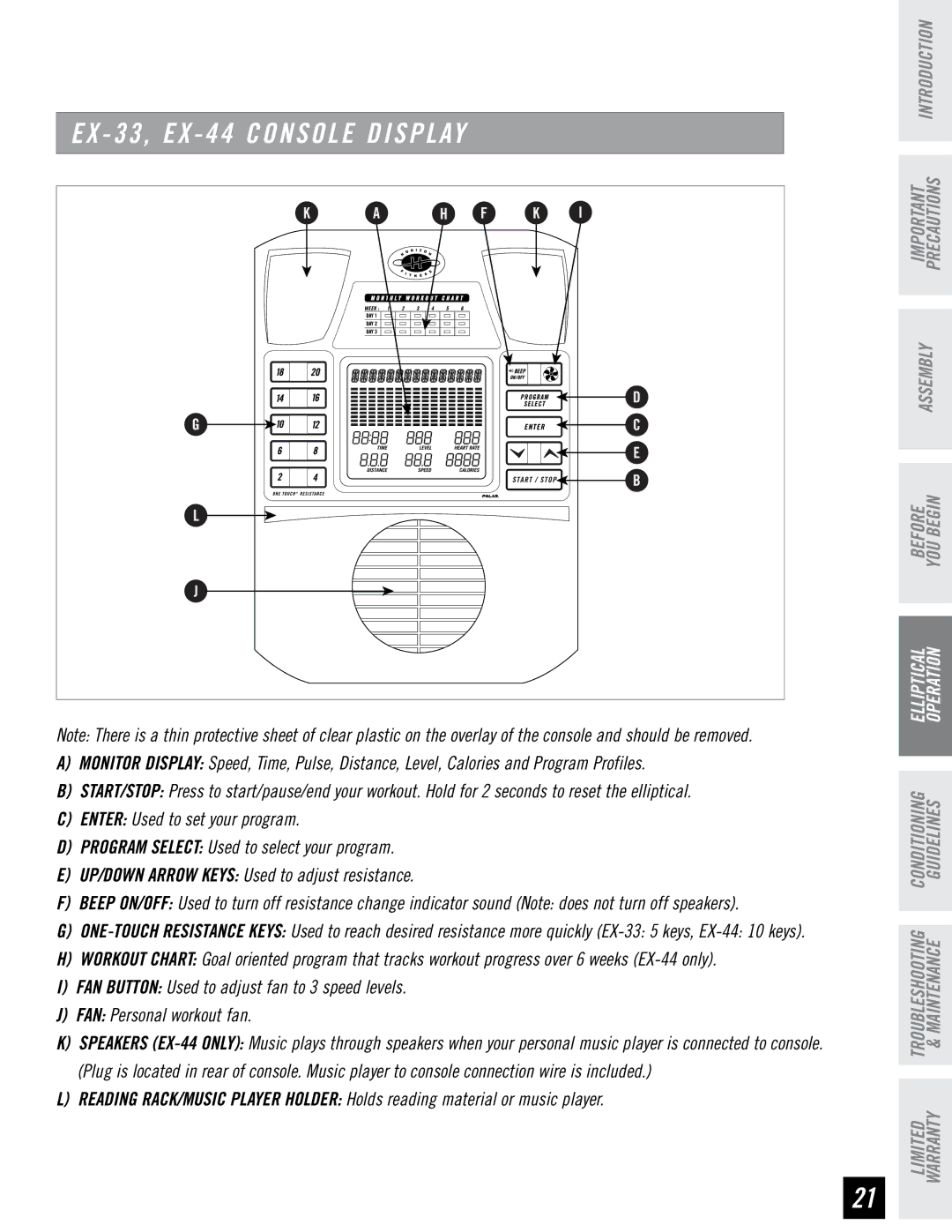 Horizon Fitness EX-22, EX-33, EX-44 manual EX 33, EX 44 Console Display 