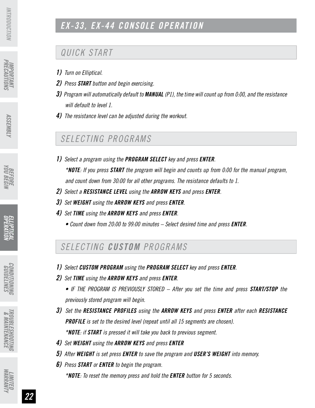 Horizon Fitness EX-33, EX-22, EX-44 manual EX 33, EX 44 Console Operation, Selecting Custom Programs 