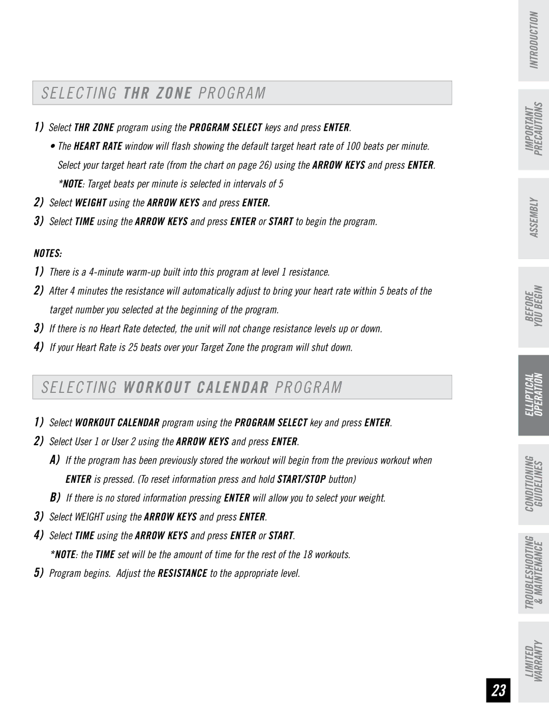 Horizon Fitness EX-44, EX-22, EX-33 manual Selecting THR Zone Program, Selecting Workout Calendar Program 