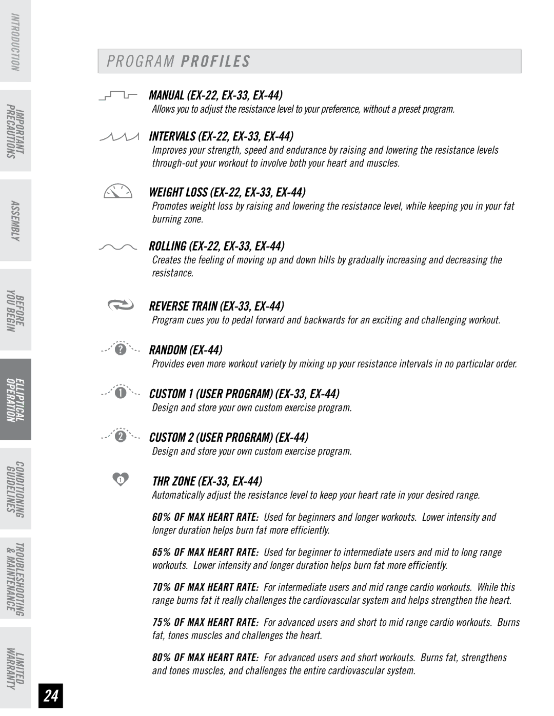 Horizon Fitness EX-22 manual Pr o g r a m Pr o f i l e s, Reverse Train EX-33, EX-44 