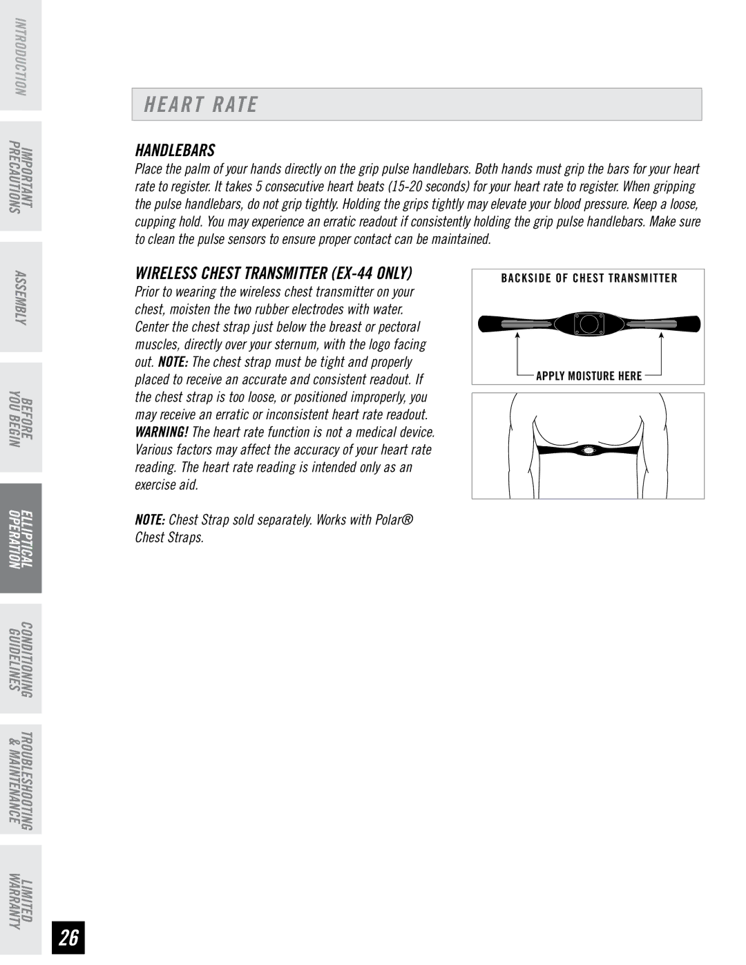 Horizon Fitness EX-44, EX-22, EX-33 manual Heart Rate, Handlebars 