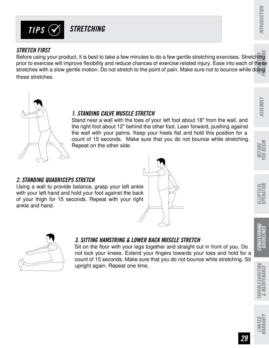 Horizon Fitness EX-44, EX-22, EX-33 manual Stretch First, Standing Calve Muscle Stretch, Standing Quadriceps Stretch 