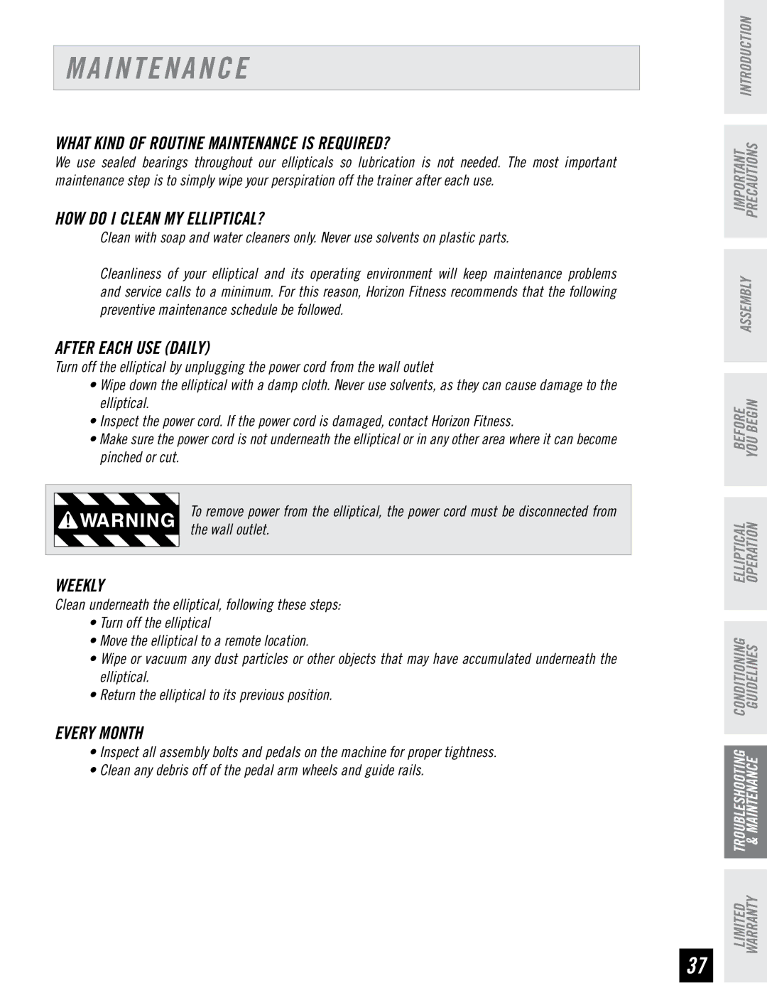 Horizon Fitness EX-33, EX-22, EX-44 manual I N T E N a N C E 