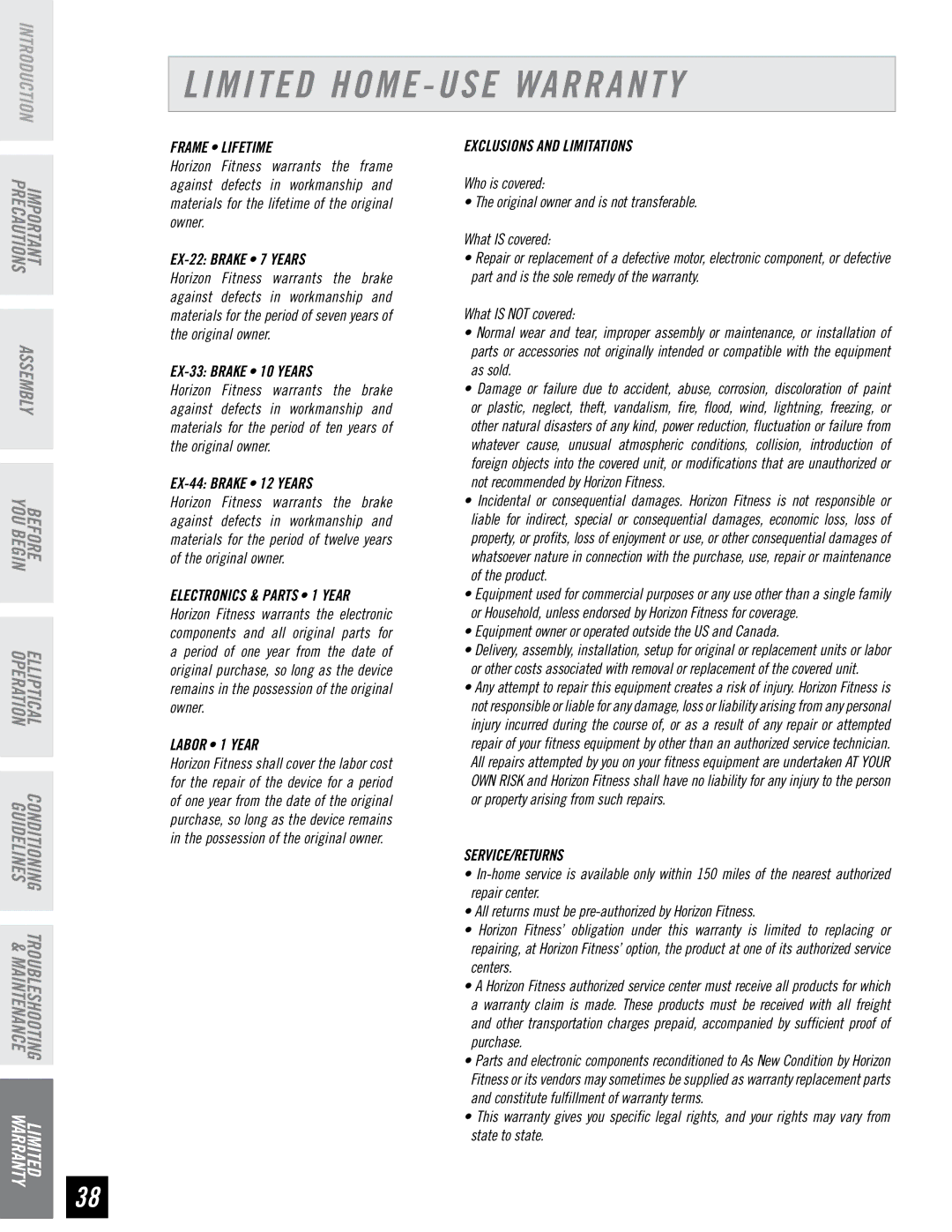 Horizon Fitness EX-44, EX-22, EX-33 manual Limited Home USE Warranty, Frame Lifetime 