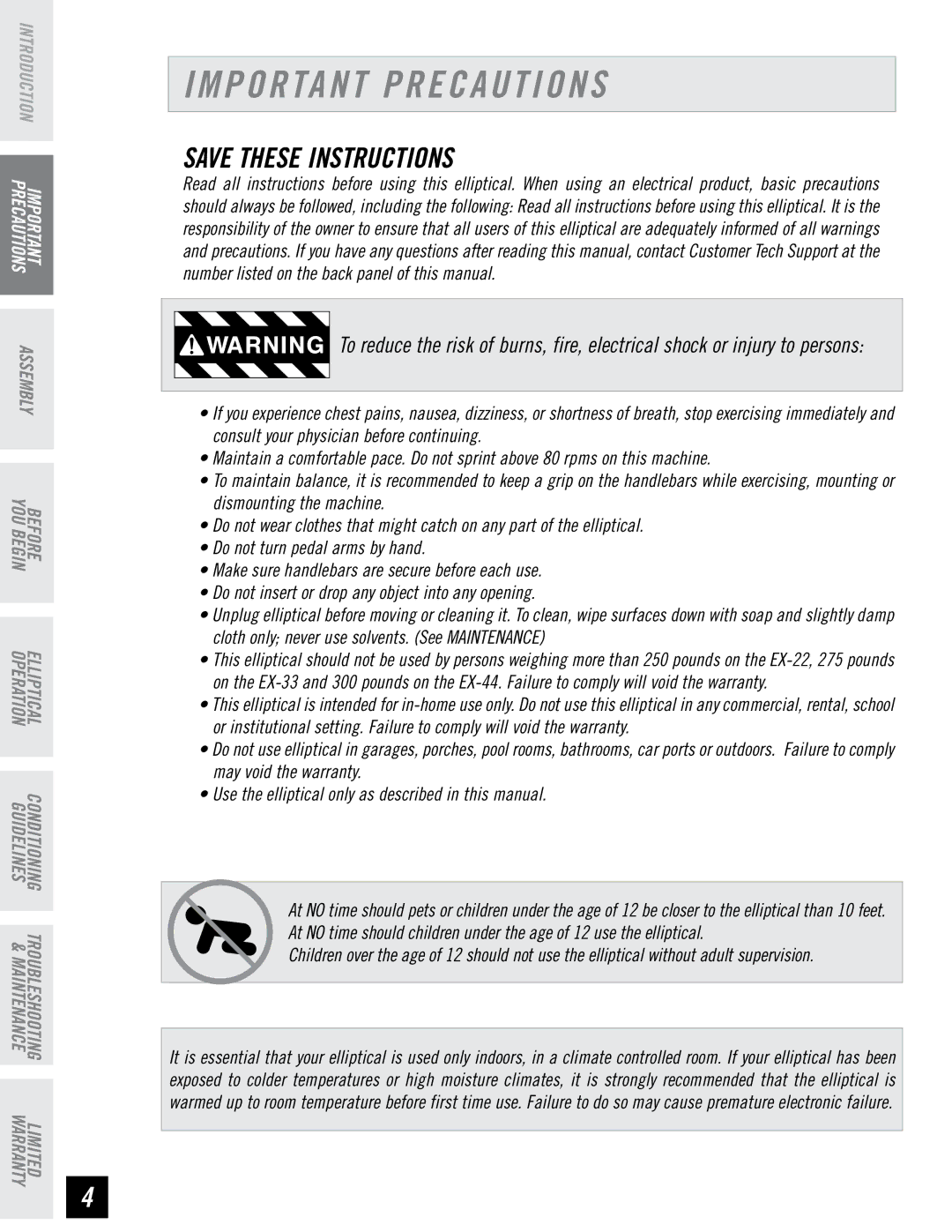 Horizon Fitness EX-33, EX-22, EX-44 manual Important Precautions 