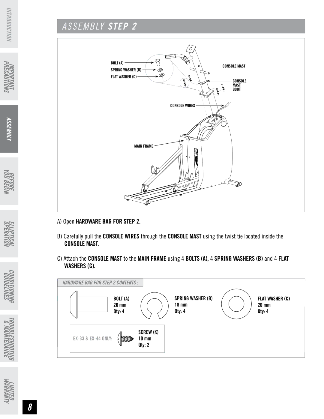 Horizon Fitness EX-44, EX-22, EX-33 manual Console Mast 