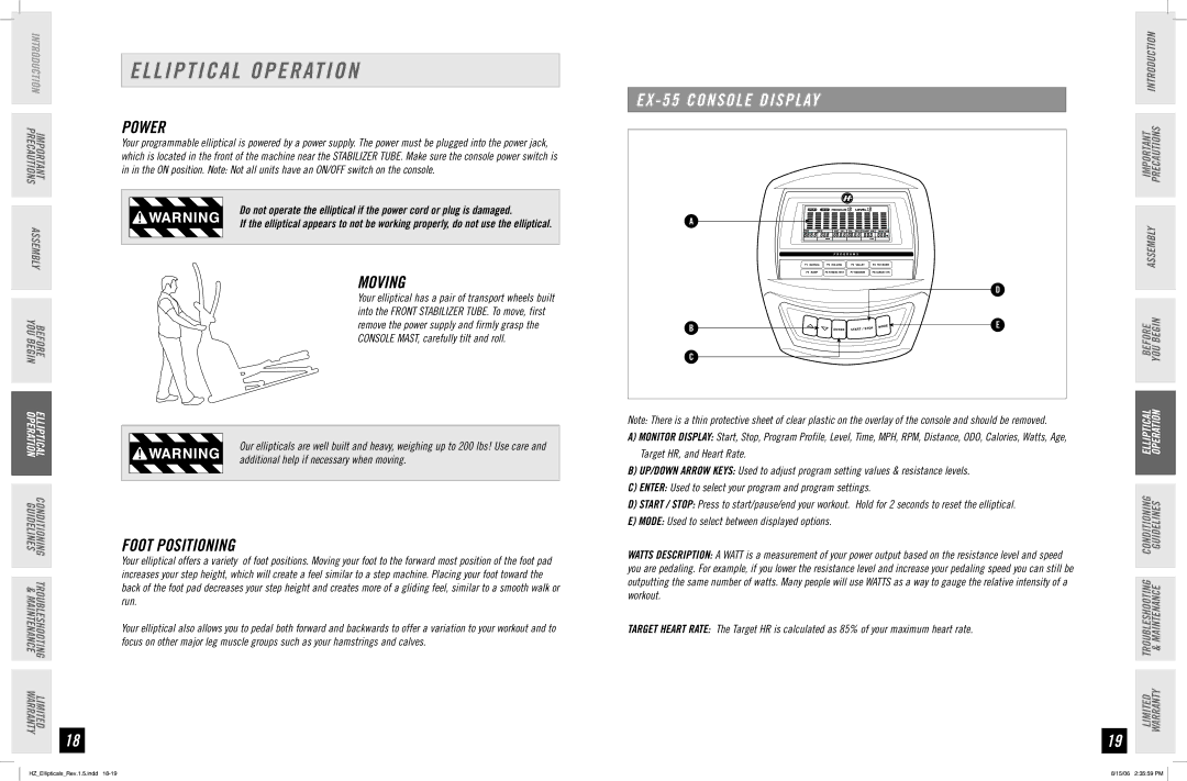 Horizon Fitness EX-75, EX-55, EX-65 manual Elliptical Operation, Power, Moving, Foot Positioning, EX 55 Console Display 