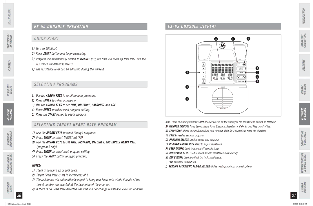 Horizon Fitness EX-65, EX-55 EX 55 Console Operation, Quick Start, Selecting Programs, Selecting Target Heart Rate Program 